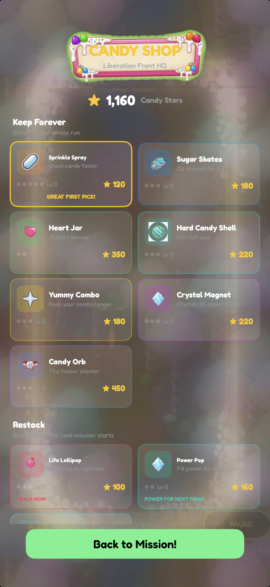 Candy Shop shelves with Candy Stars and Keep Forever upgrades
