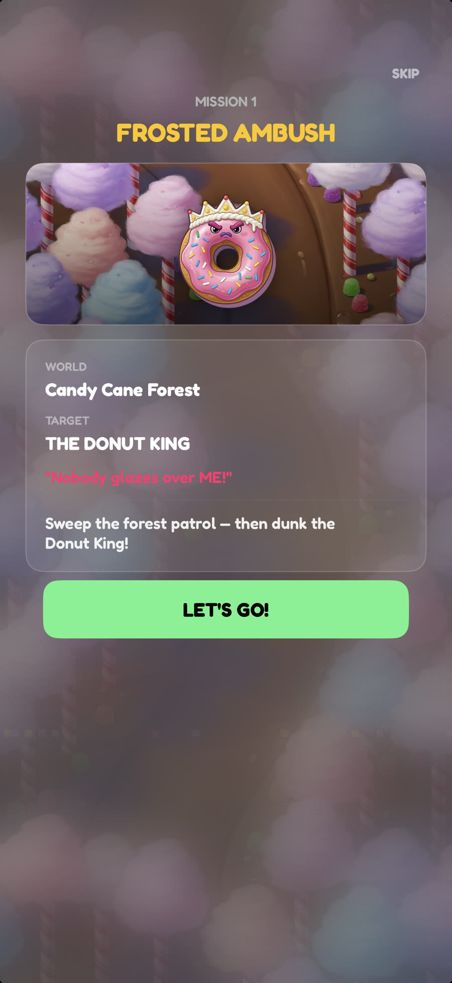 Mission 1 briefing: Frosted Ambush, Candy Cane Forest, the Donut King
